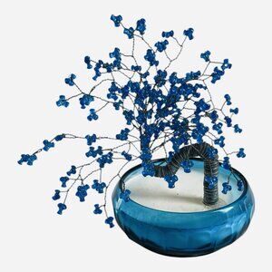 Handmade Blue Glass Bead Wire Bonsai Tree Sculpture Art Figurine VG